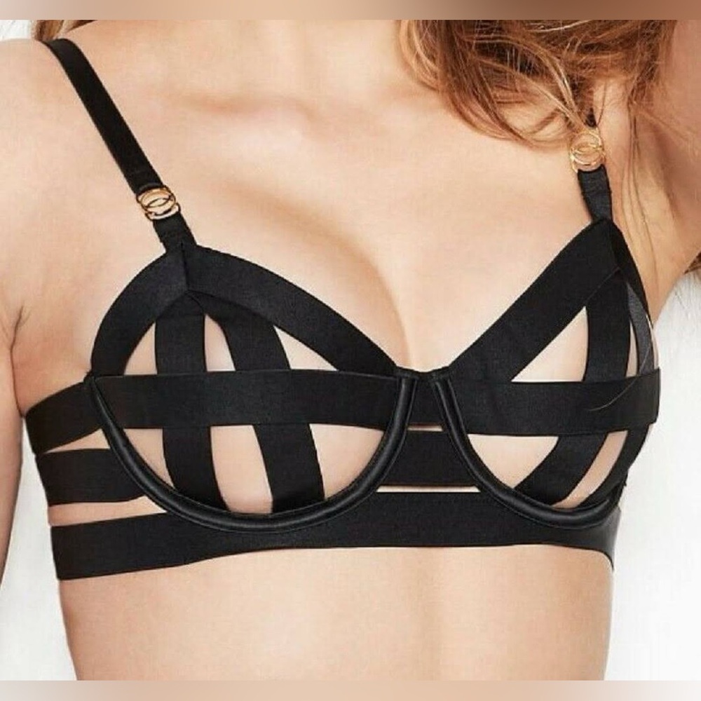VICTORIA’S SECRET VS Very Sexy Banded Cage Strappy Open Cup Demi Bra 32DD Black - Picture 2 of 8